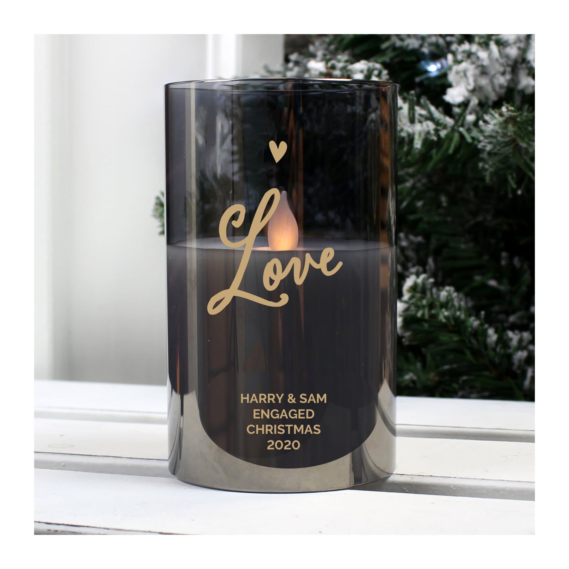 Smoked glass LED candle with Love and personalised lines of text