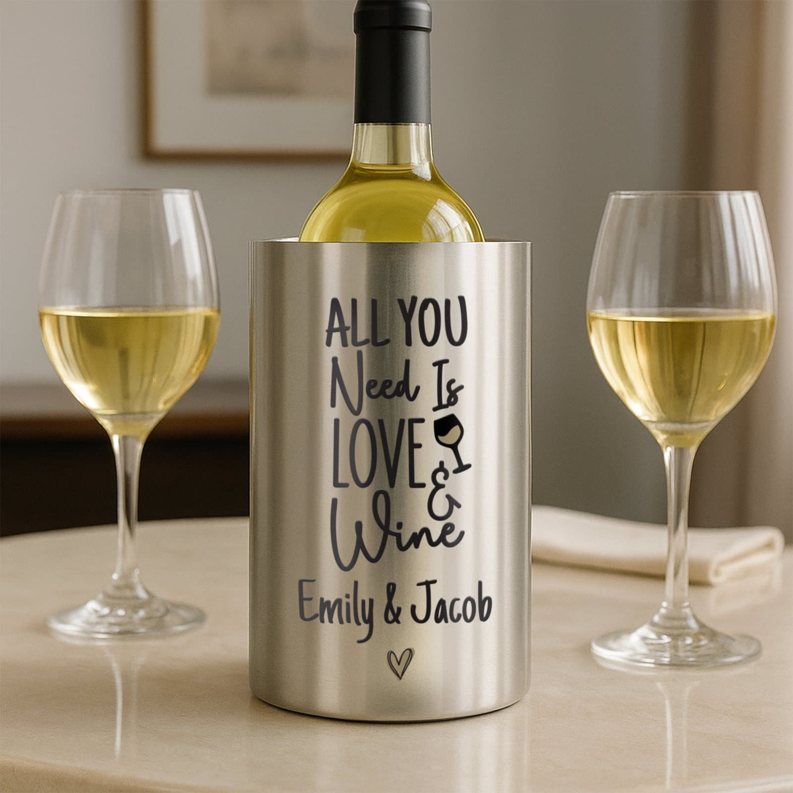 Brushed stainless steel wine cooler with personalised text