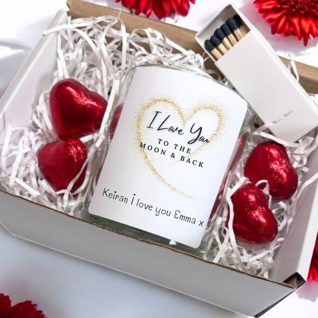 Personalised candle gift set: glass jar candle, red foil chocolate hearts and matches
