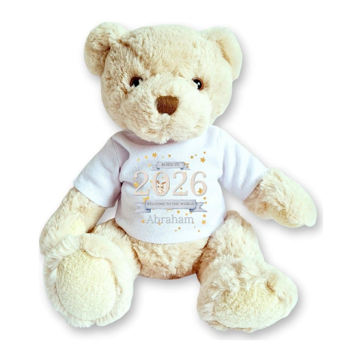 Teddy bear in a T-shirt printed with Welcome to the World, a bunny and gold stars