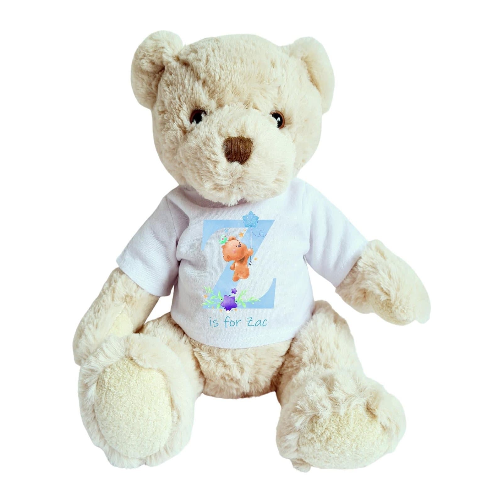 Personalised teddy bear for baby boys wearing a printed blue initial and teddies shirt