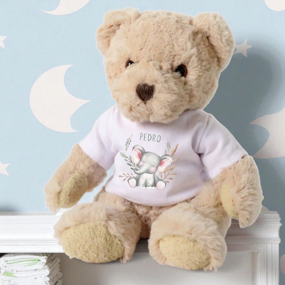 Teddy bear wearing a printed elephant T-shirt