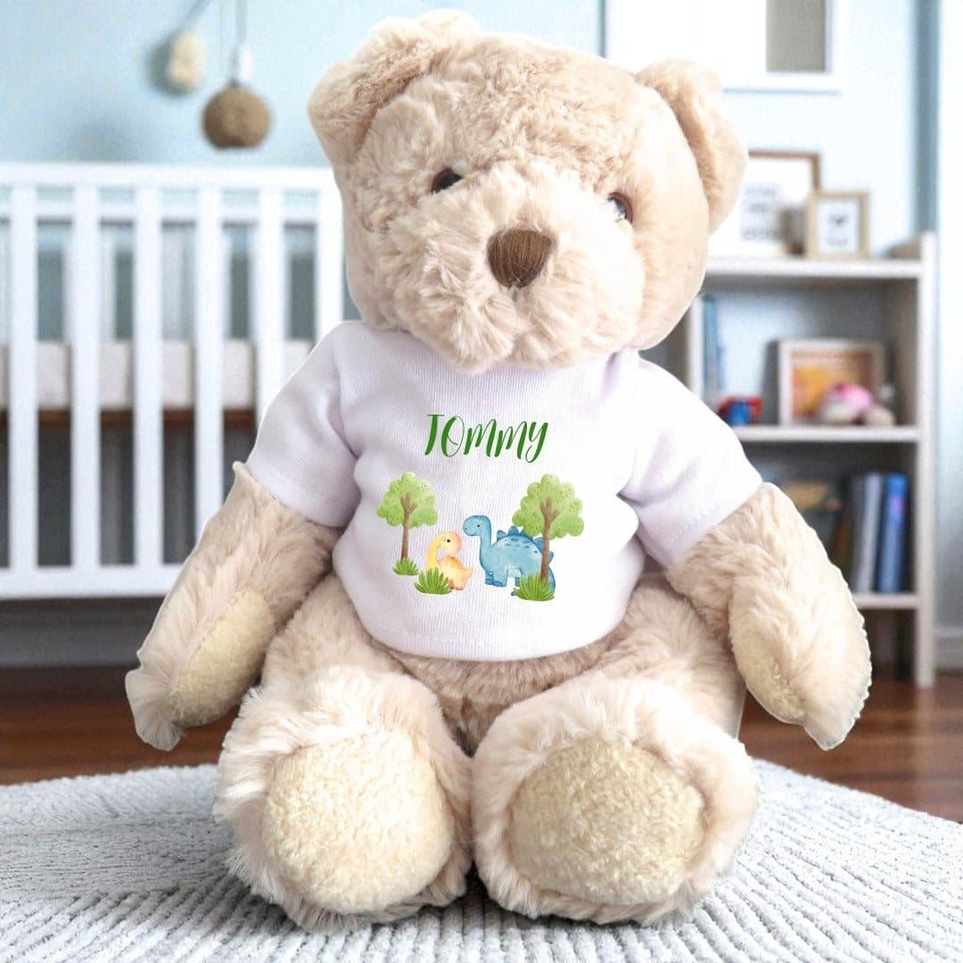 Teddy bear wearing a T-shirt with a baby dinosaur design