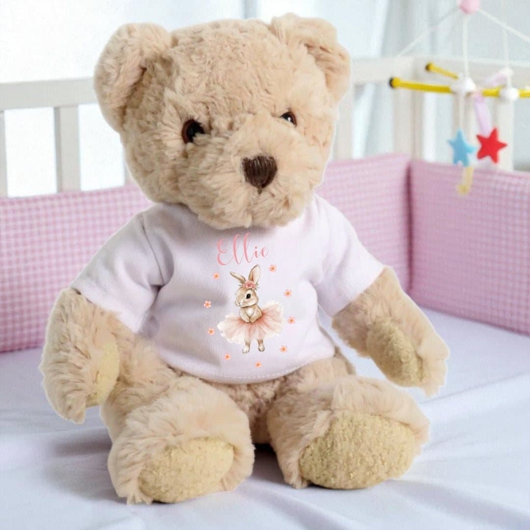 Teddy bear wearing a T-shirt with a ballet bunny design