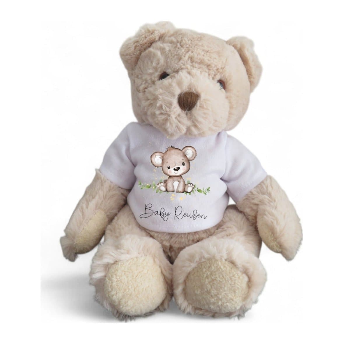 Personalised teddy bear wearing a printed T-shirt with a name on it