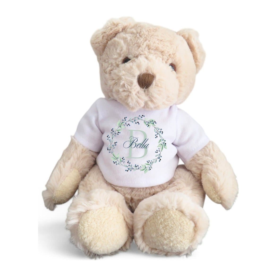 Teddy bear in a blue and green floral T-shirt with a name printed on it
