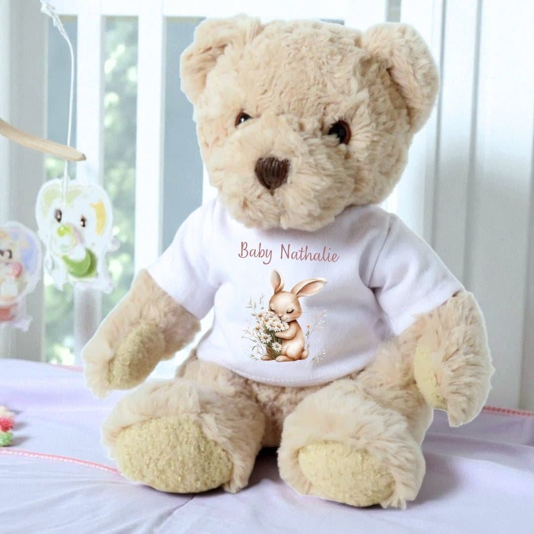 Personalised teddy bear with a printed T-shirt showing a bunny holding daisies