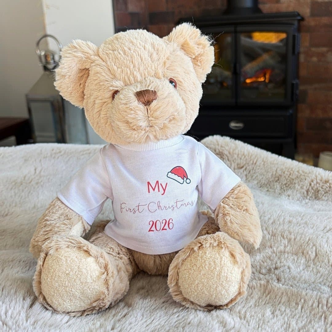 Personalised teddy bear in a Santa hat T-shirt printed First Christmas 2026