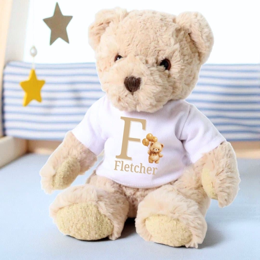 Personalised luxury teddy bear in a T-shirt with a golden teddy bear holding balloons