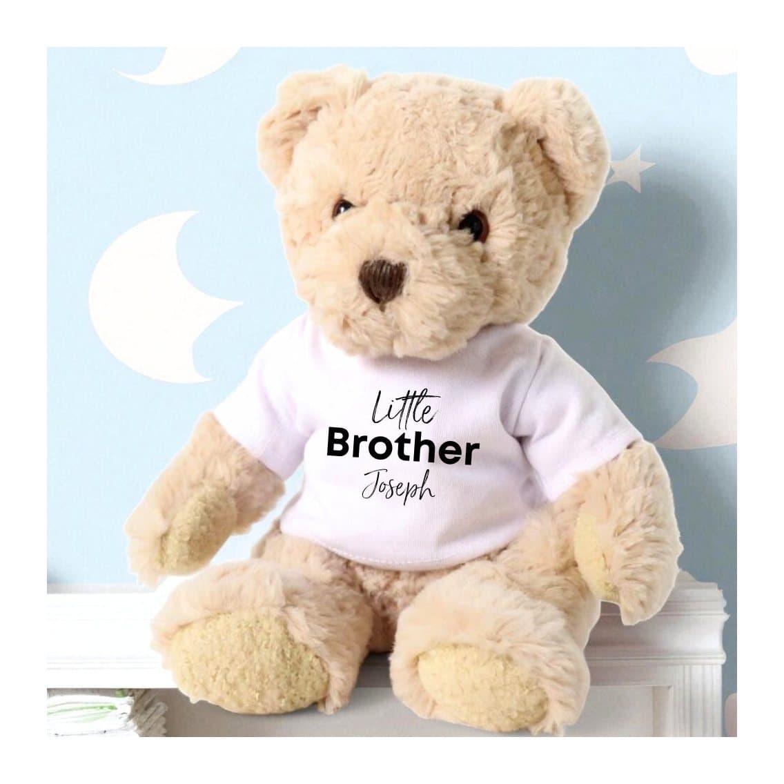 Personalised teddy bear wearing a Little Brother printed T-shirt