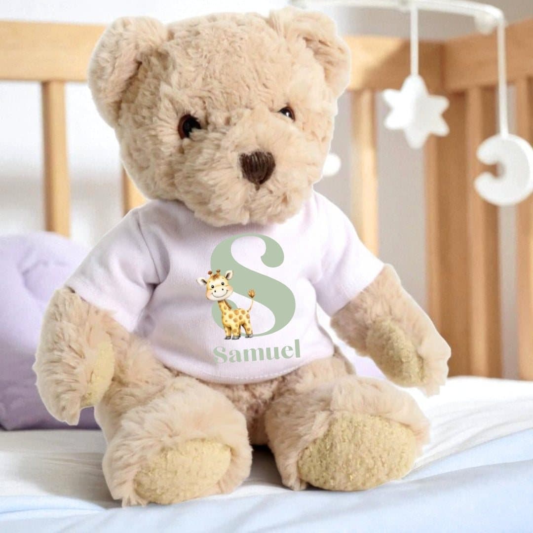 Teddy bear in a little giraffe T-shirt with a personalised name