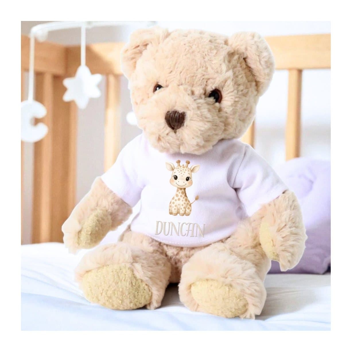 Teddy bear wearing a T-shirt with a little giraffe design