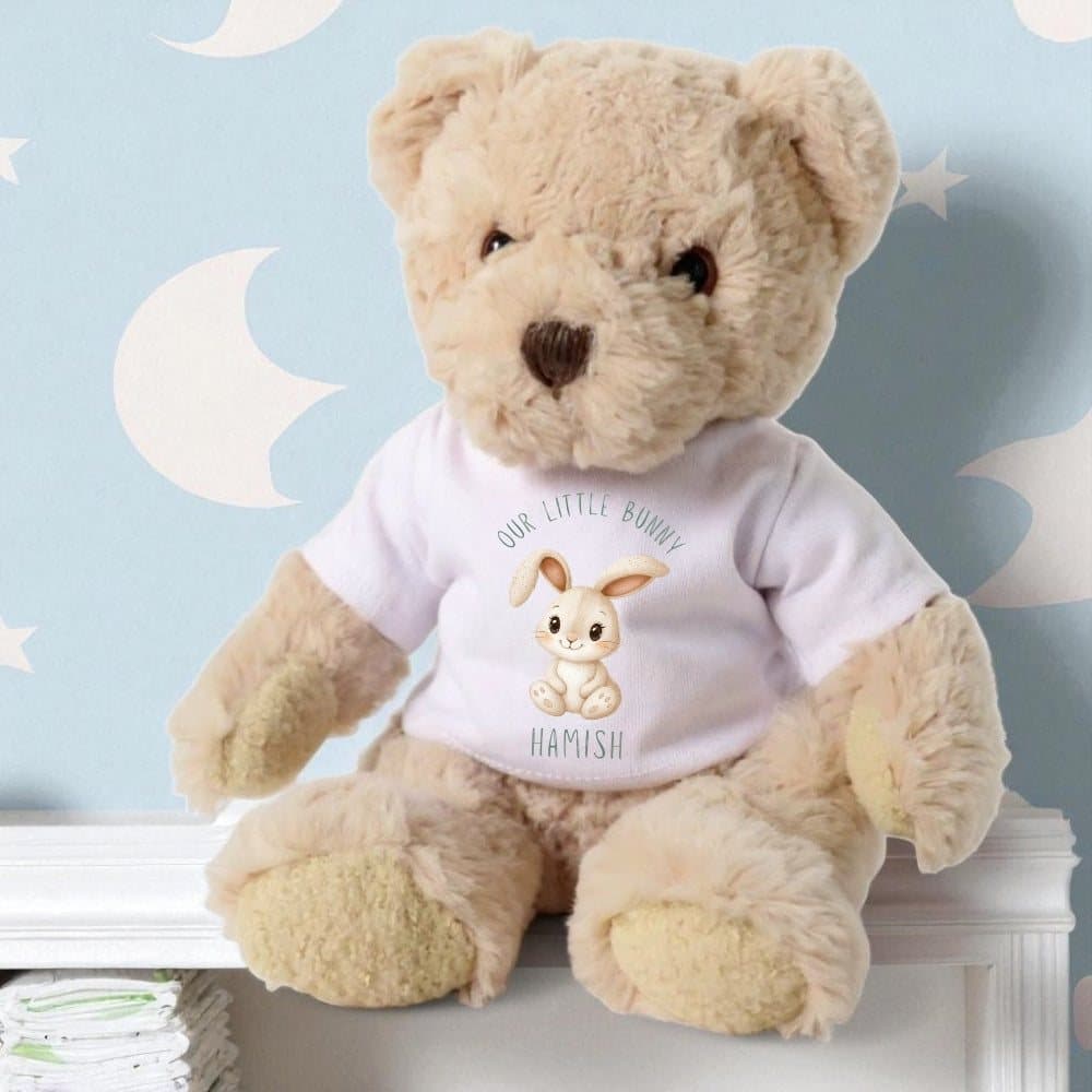 Personalised teddy bear in a bunny T-shirt that says Our Little Bunny