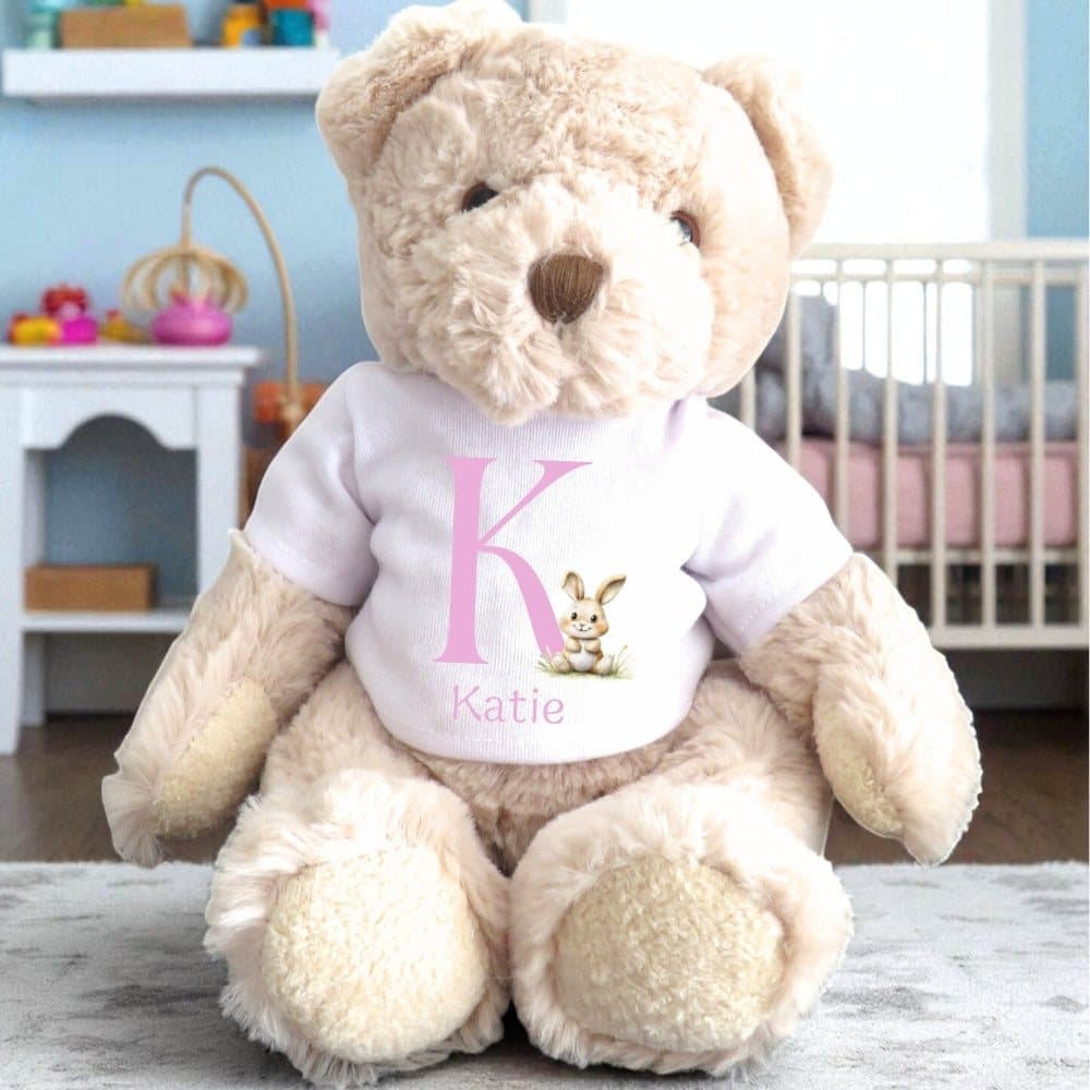 Personalised teddy bear wearing a pink T-shirt with a bunny rabbit design