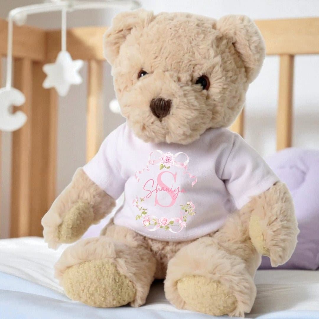 Personalised teddy bear in a T-shirt printed with pink roses