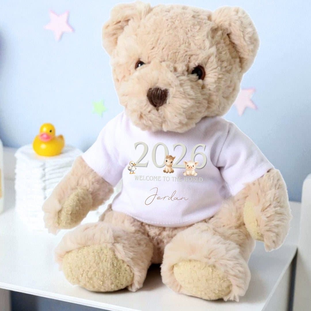 Teddy bear in a T-shirt that says 2026 Welcome to the World