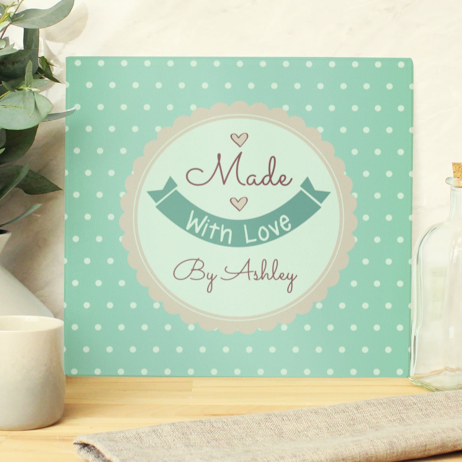 Personalised Made With Love glass chopping board with message