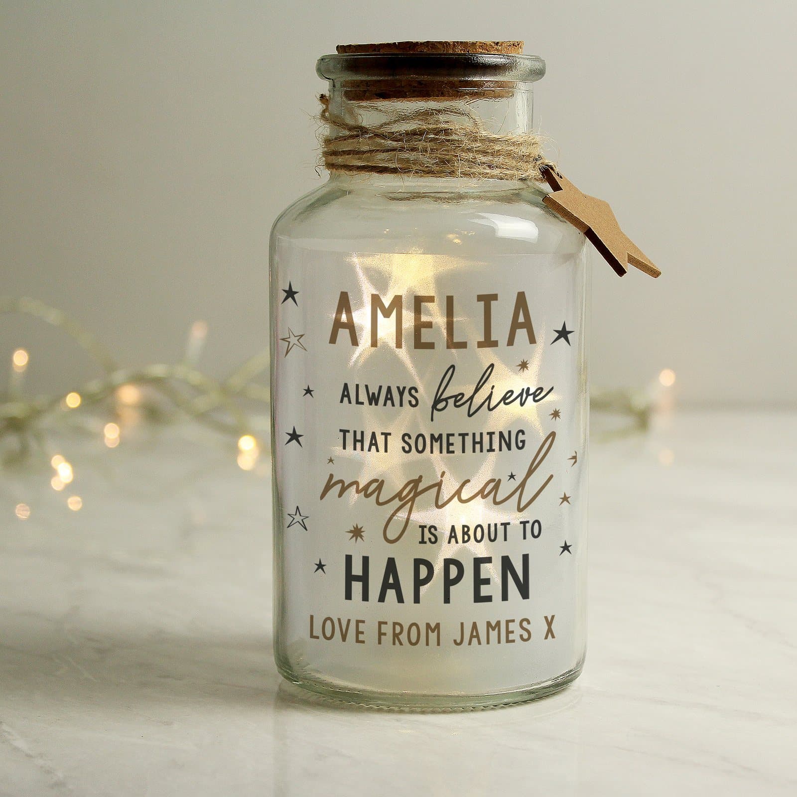 Personalised Magical Things Happen LED glass jar