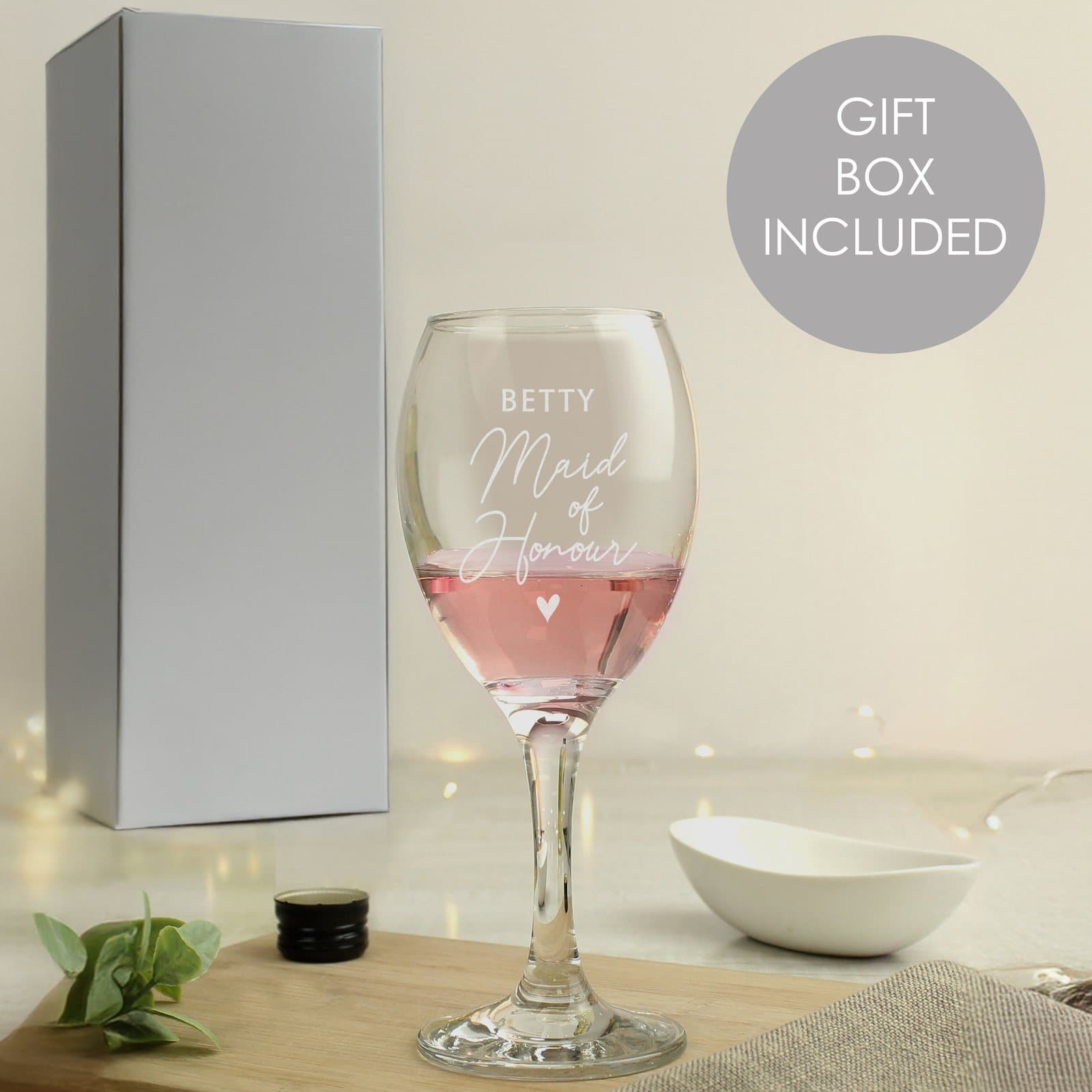 Personalised Maid of Honour wine glass with a printed name