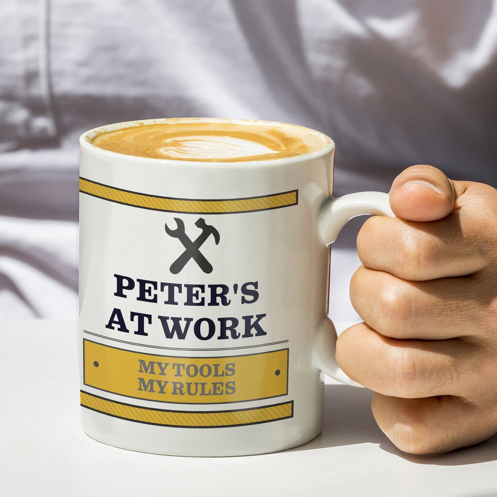 Personalised man at work ceramic mug with a yellow box for text