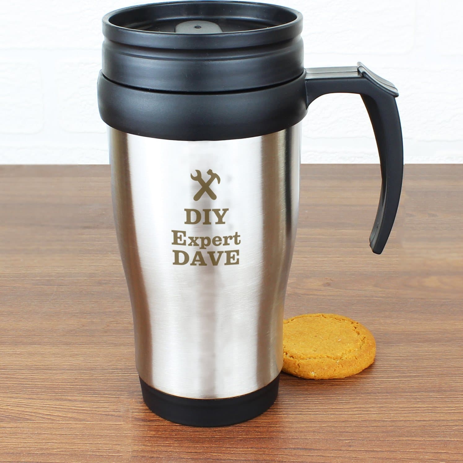Personalised Man At Work stainless steel travel mug with sliding sip cover and handle