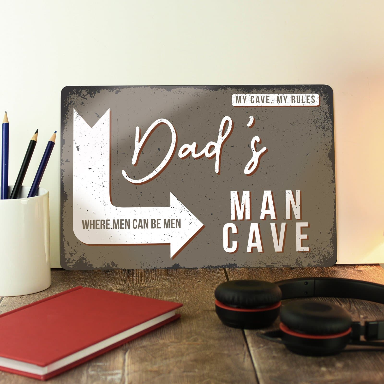 Personalised man cave metal sign with name line and arrow