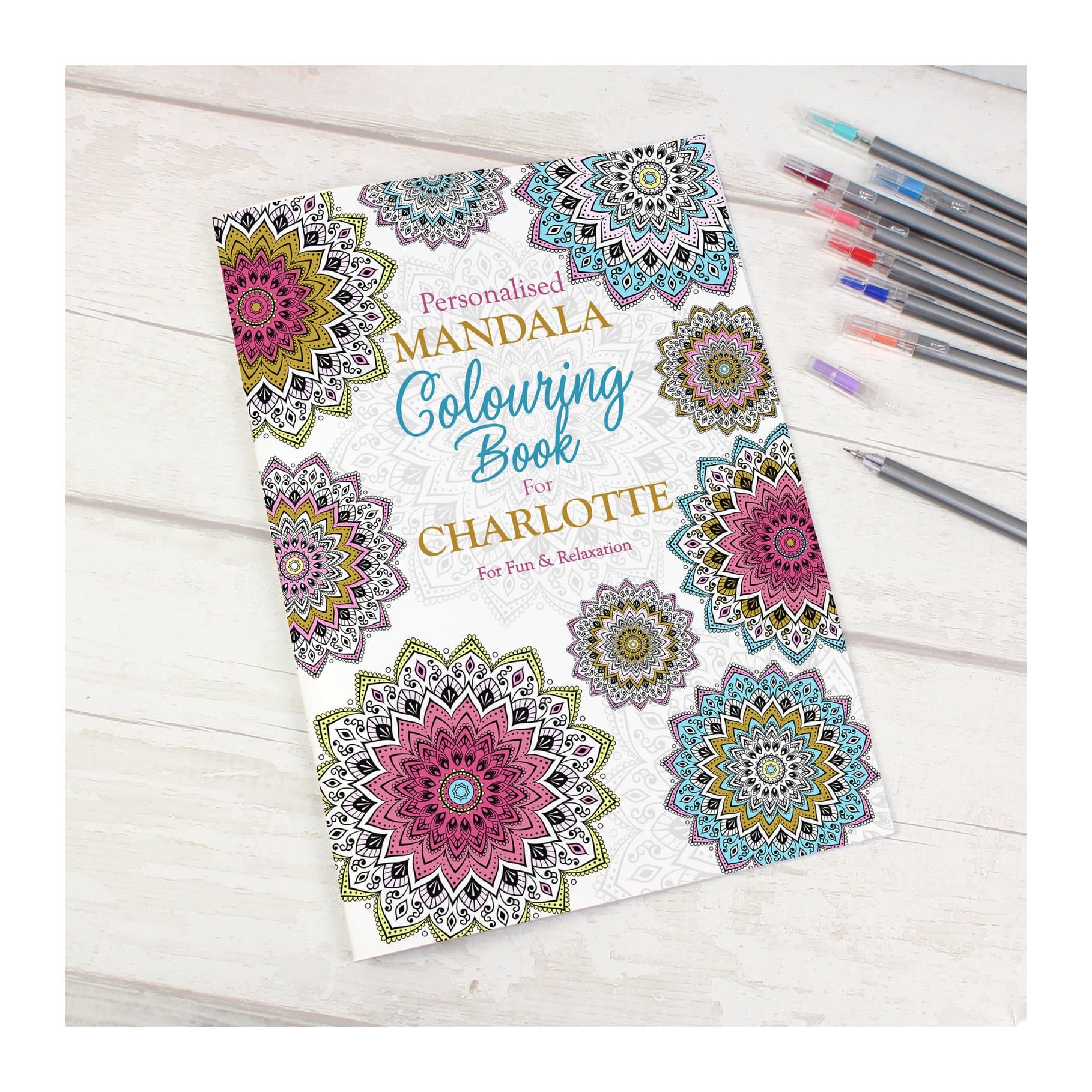 Personalised mandala colouring book with a name on the cover