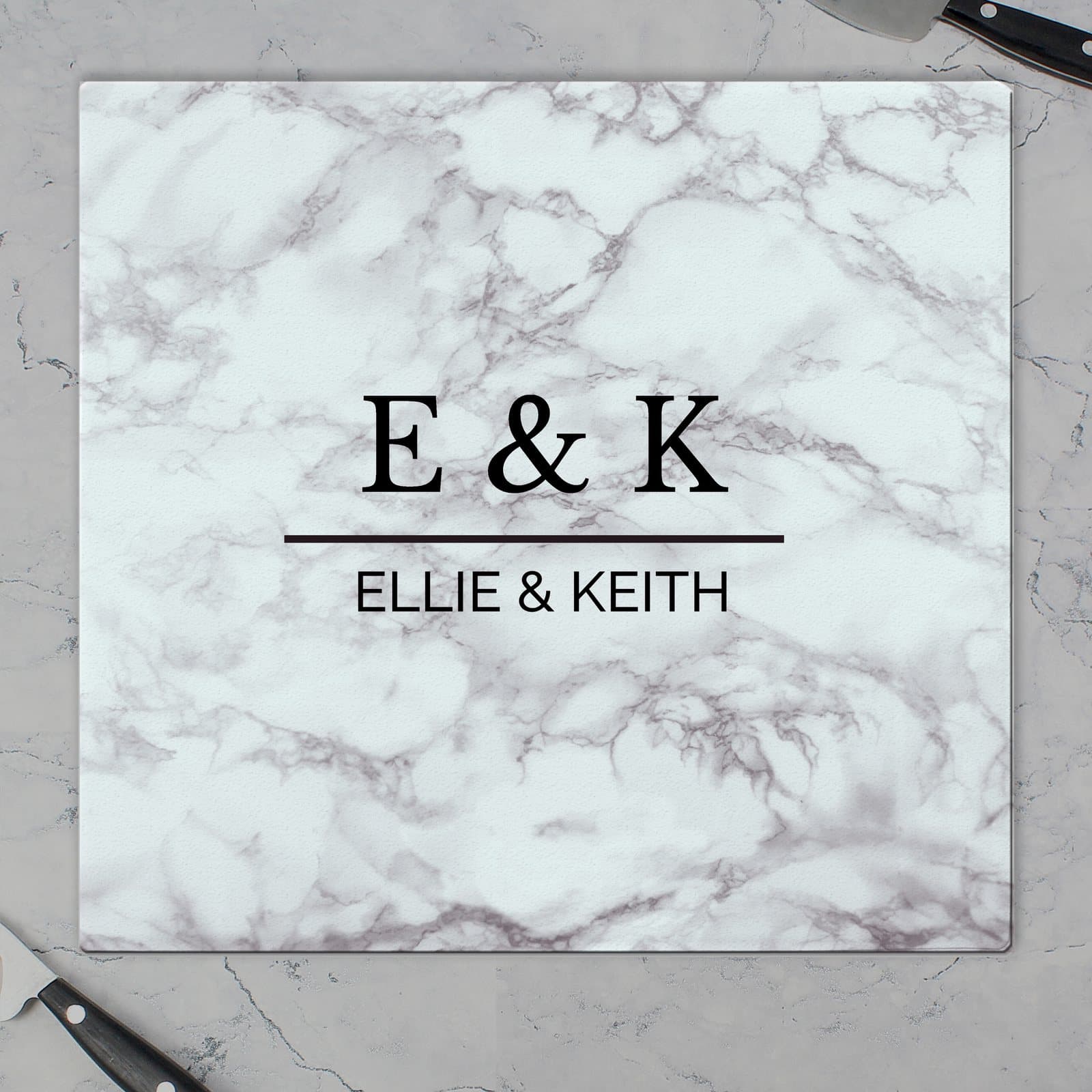 Personalised marble effect glass chopping board with two lines of text