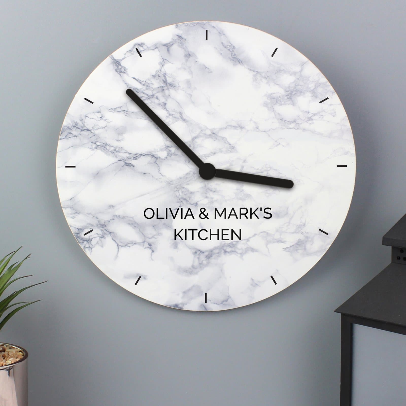 Marble effect wooden clock with two lines of personalised text