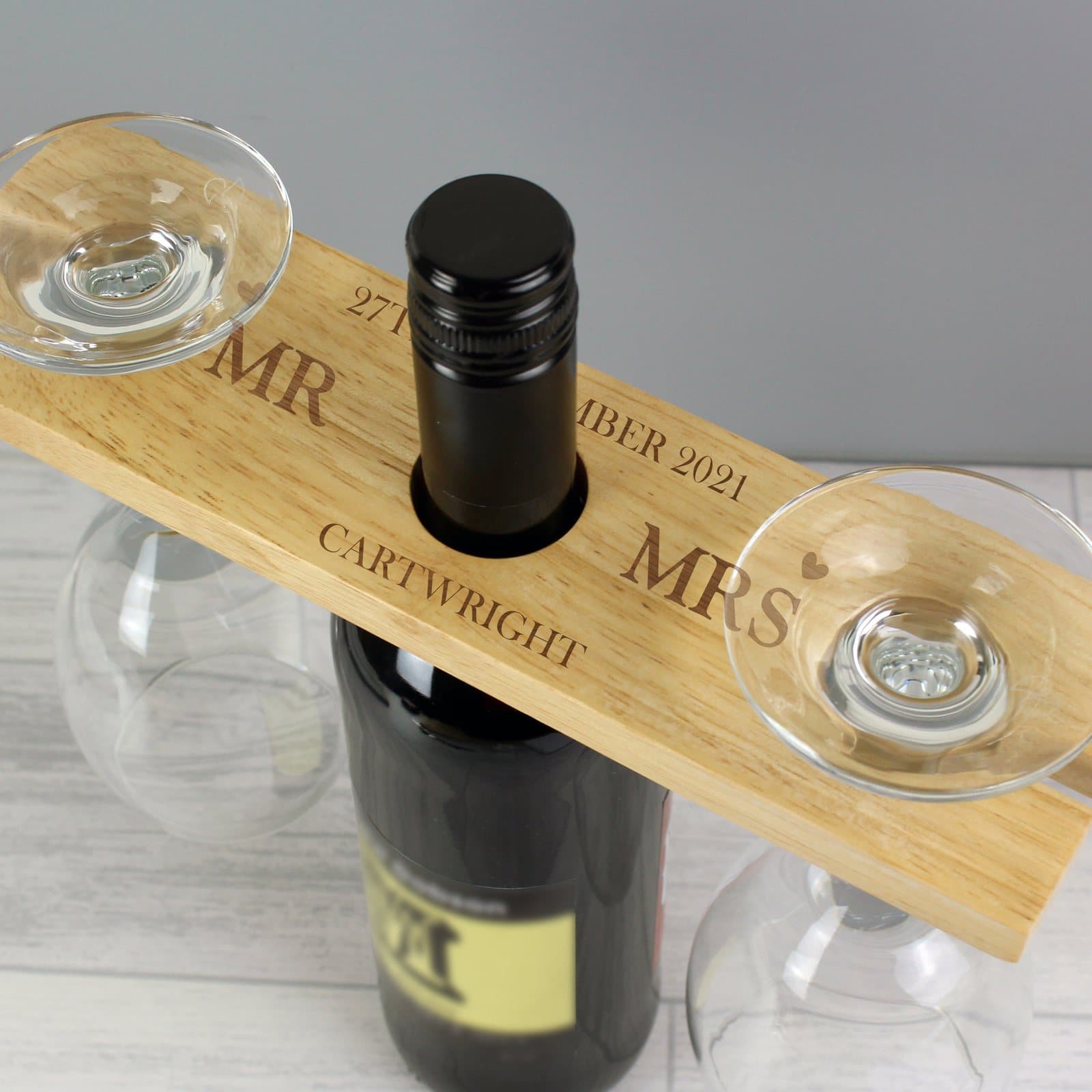 Personalised wooden married couple wine glass and bottle holder