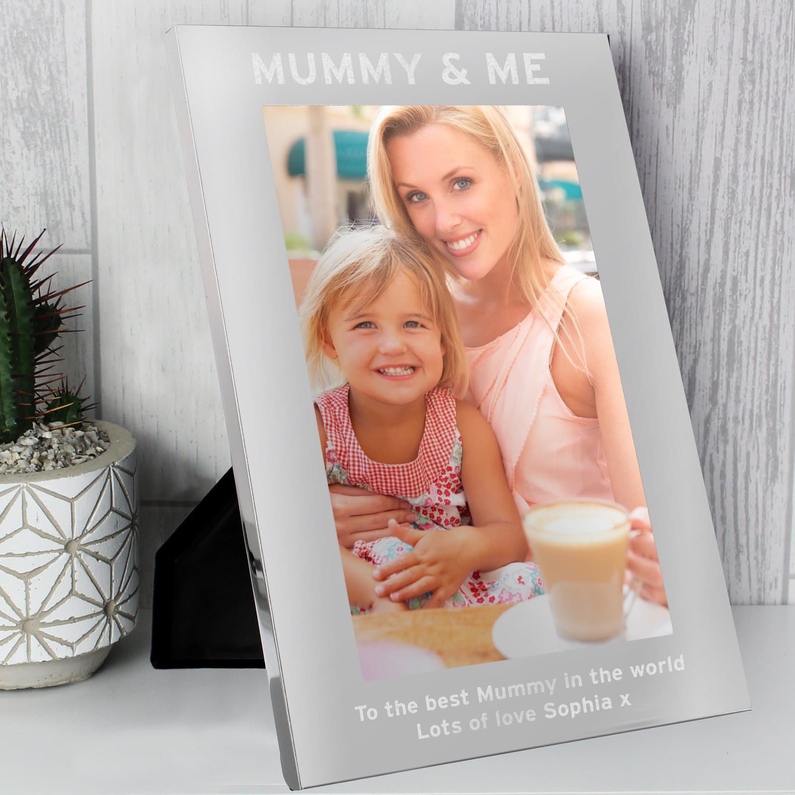 Silver aluminium 5x7 portrait photo frame with text at the top and bottom