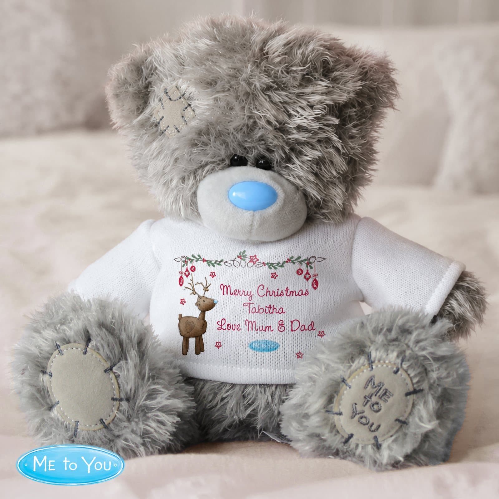 Personalised Me To You reindeer bear in a T shirt with a message