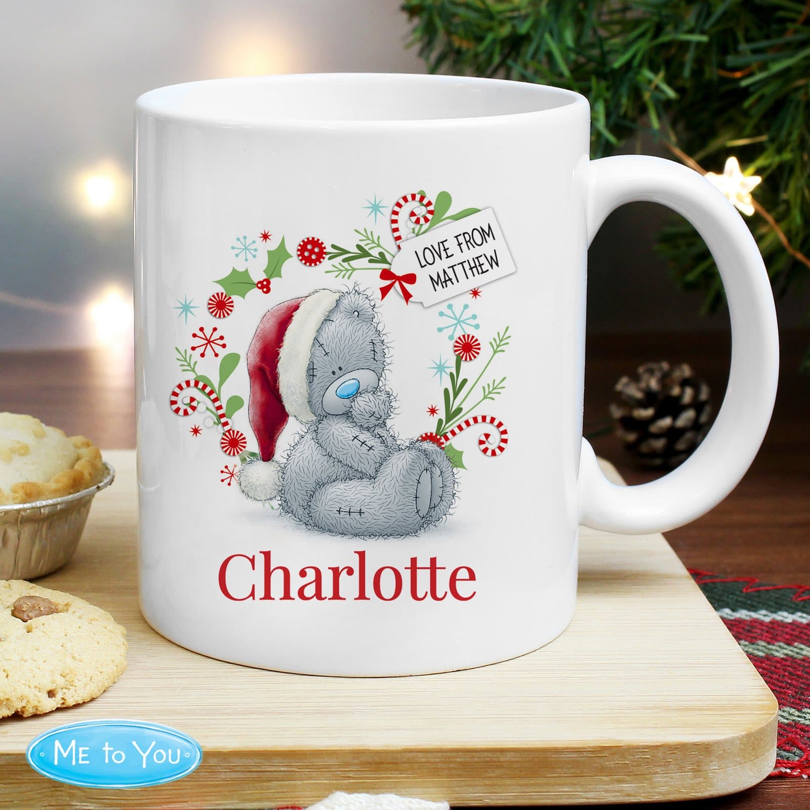 Me to You Christmas mug with a personalised tag and name