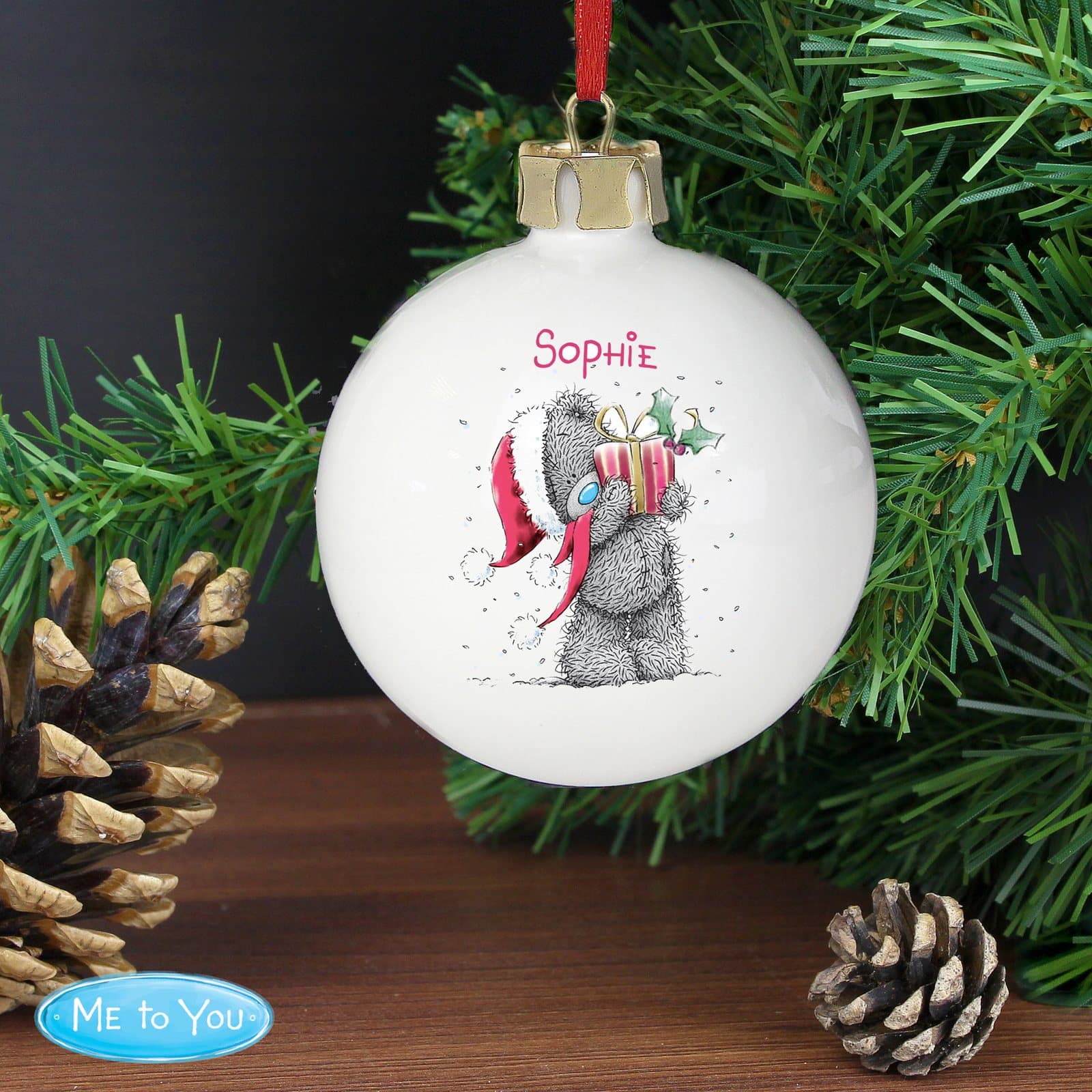 Personalised Me To You Christmas present bauble with ribbon