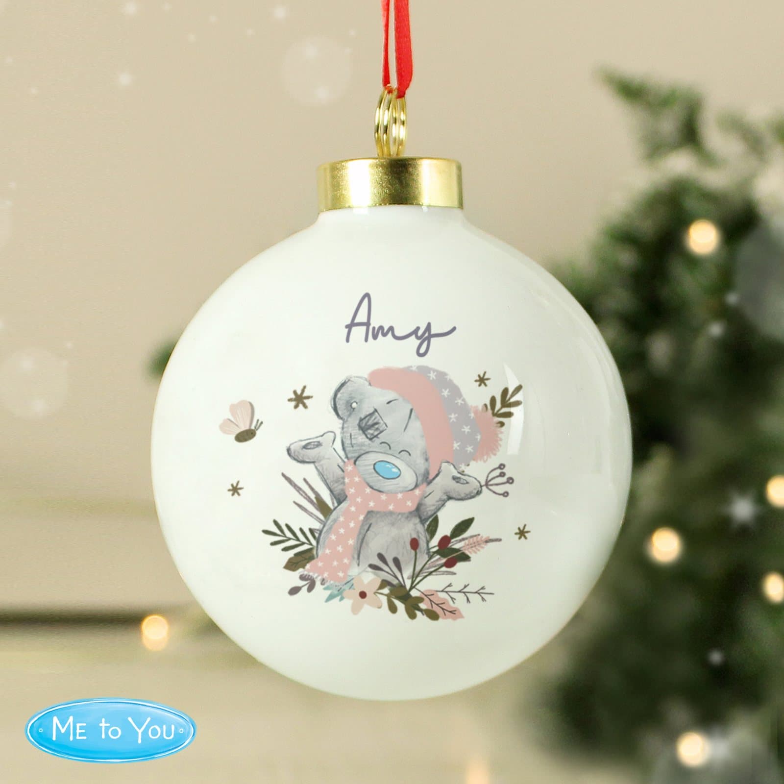 Personalised Me to You bear bauble in a cosy winter scene