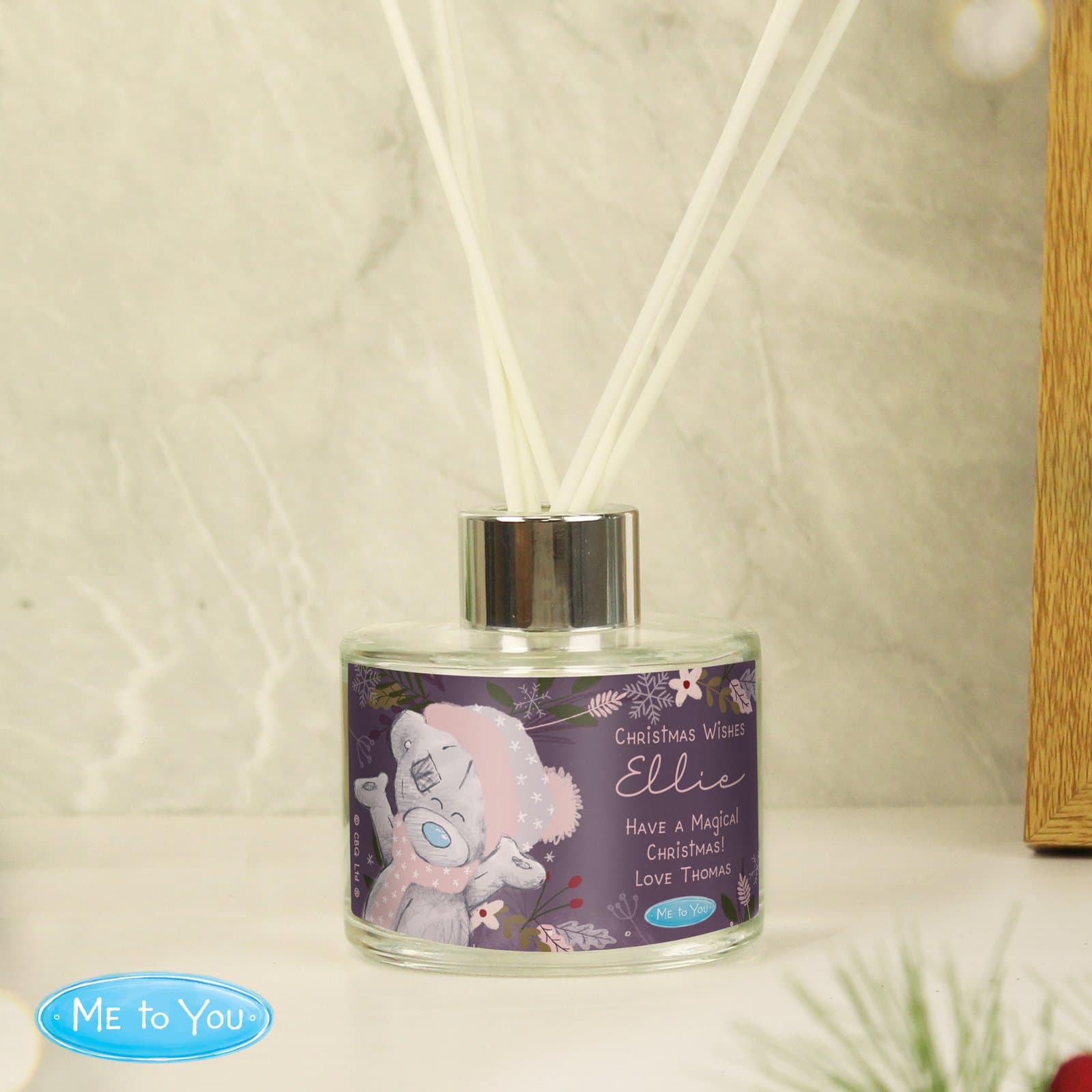 Personalised Me to You cosy winter reed diffuser in a glass bottle with reeds