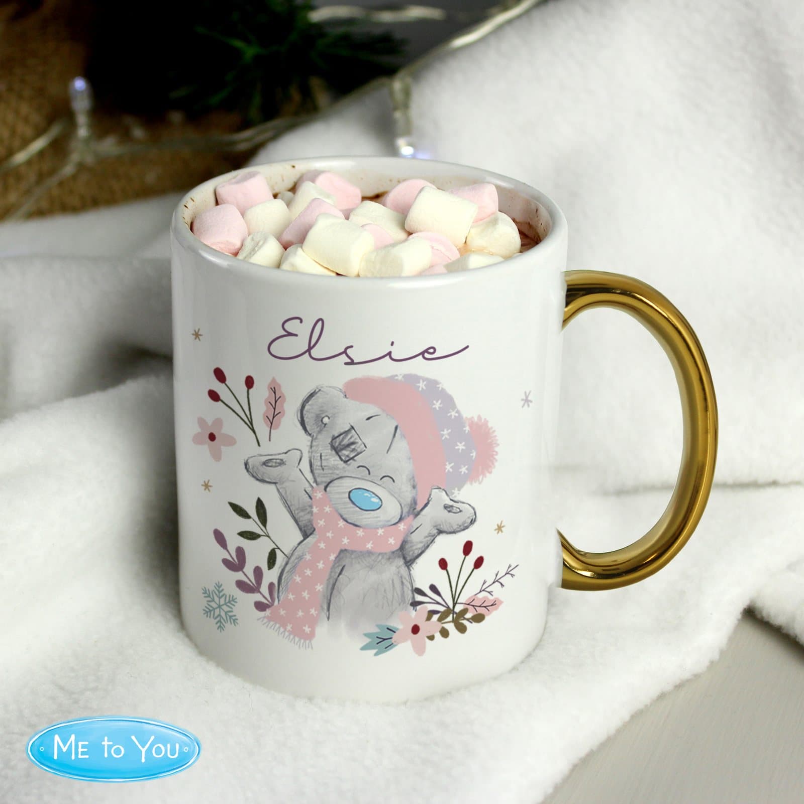 Personalised Me to You cosy winter ceramic mug with a gold handle