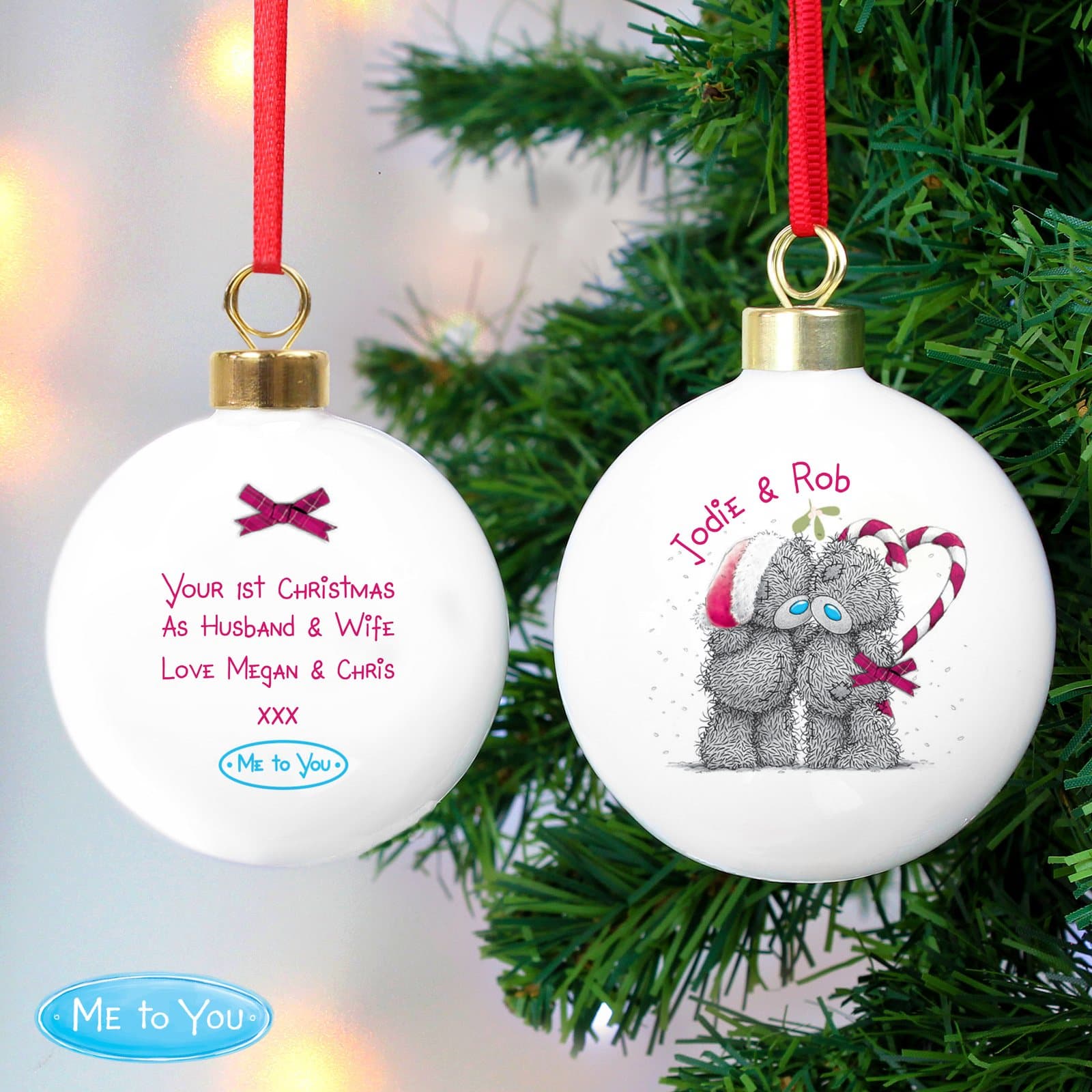 Personalised Me To You couple Christmas bauble with ribbon