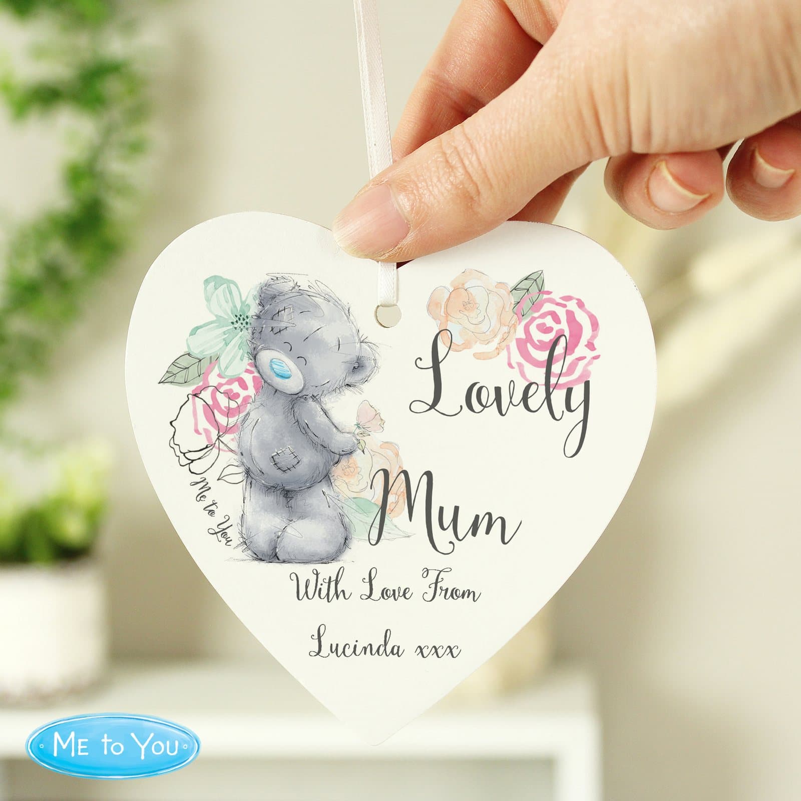 Personalised Me to You floral wooden heart decoration with ribbon