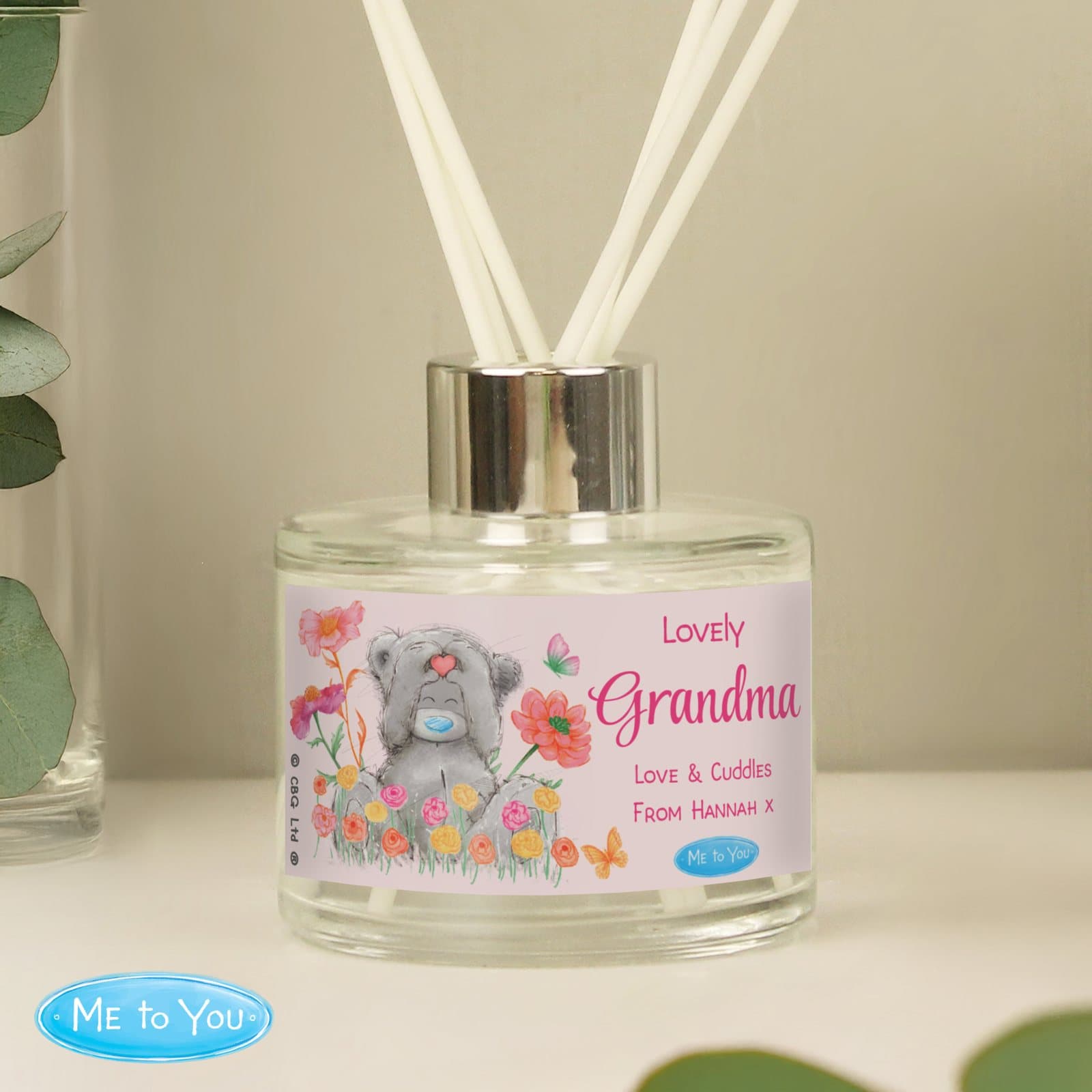 Personalised Me to You flowery reed diffuser in a glass bottle with reeds
