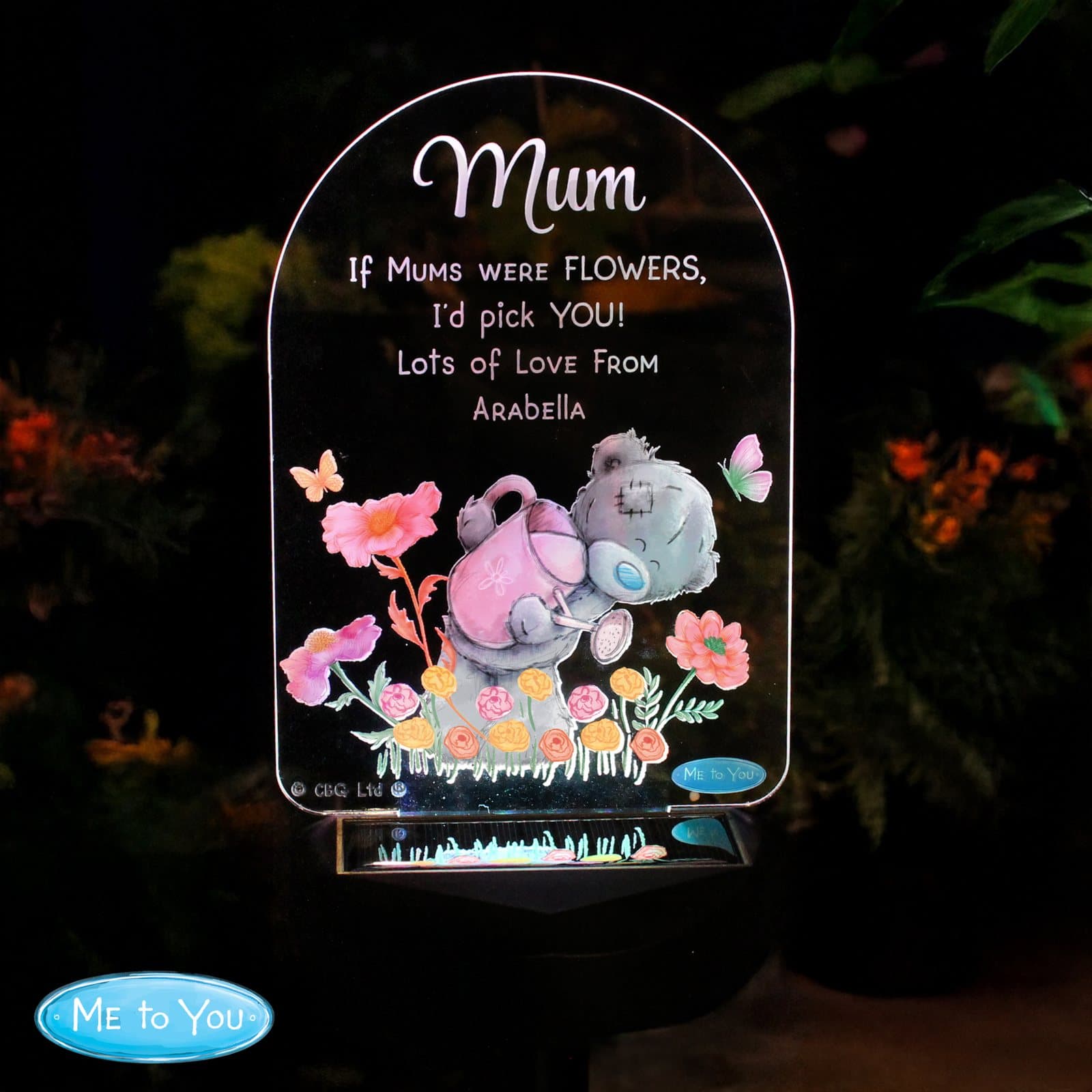Tatty Teddy floral solar garden light with personalised sign