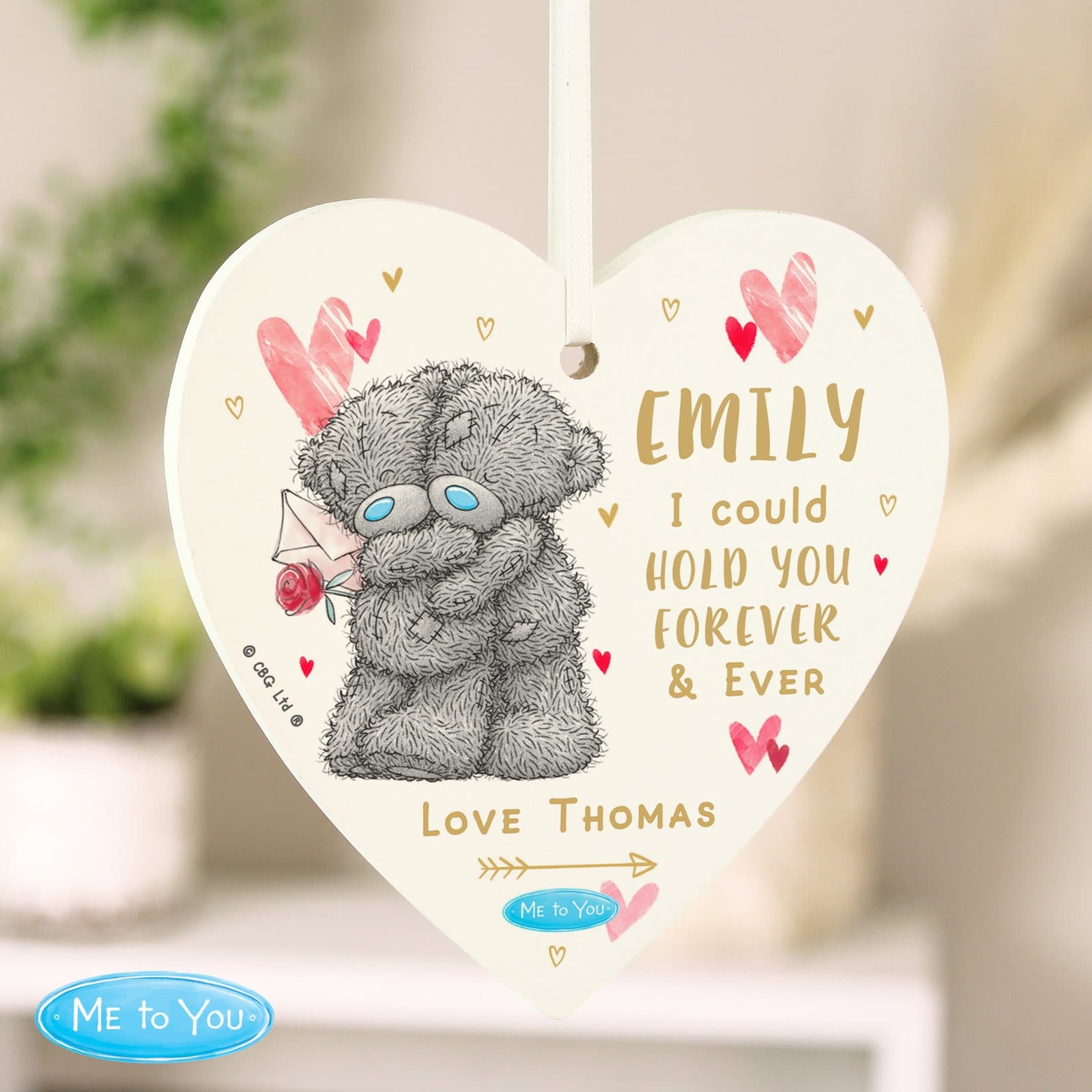 Personalised Me to You Hold You Forever wooden heart with ribbon