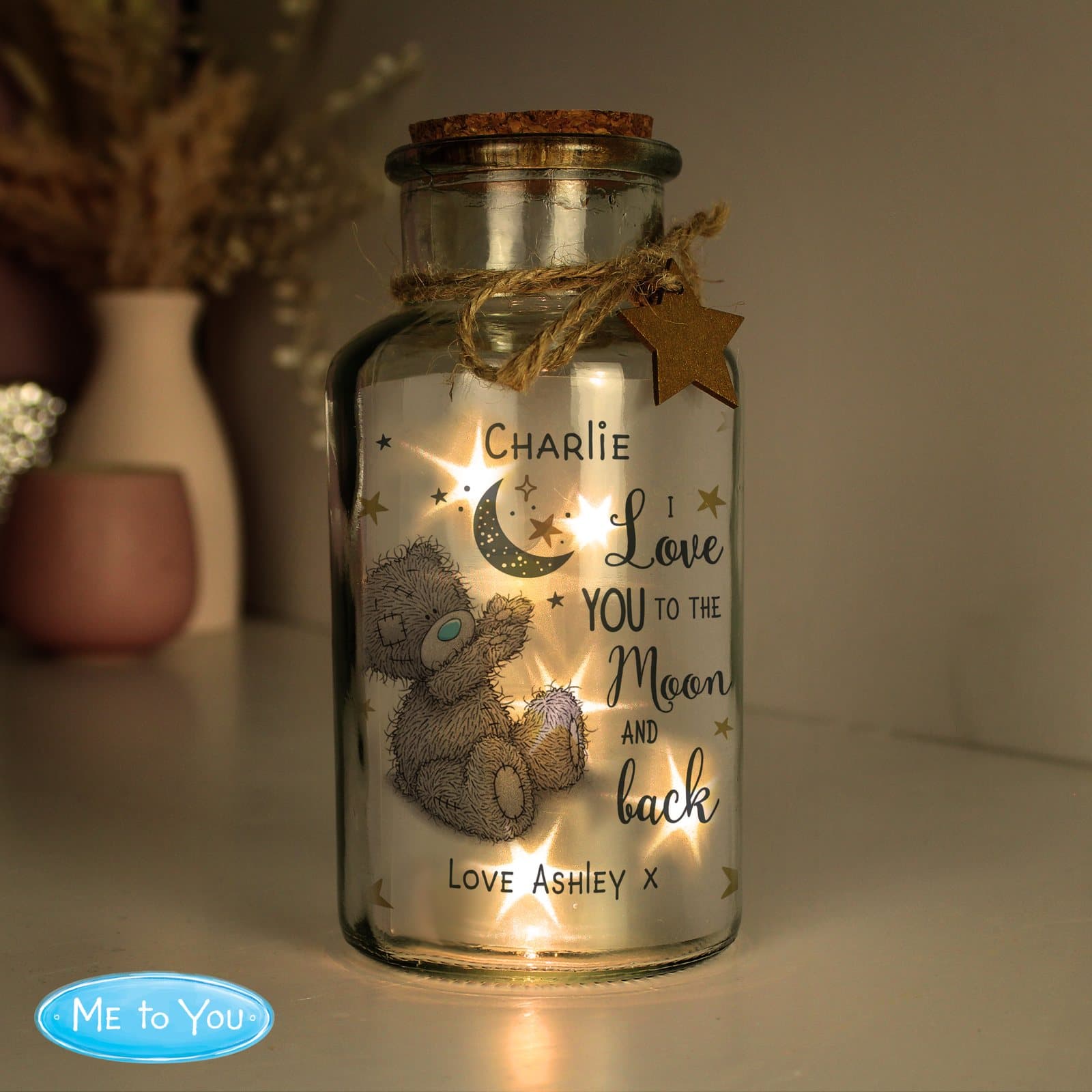 Personalised Me to You Moon & Back LED light up jar in glass with Tatty Teddy