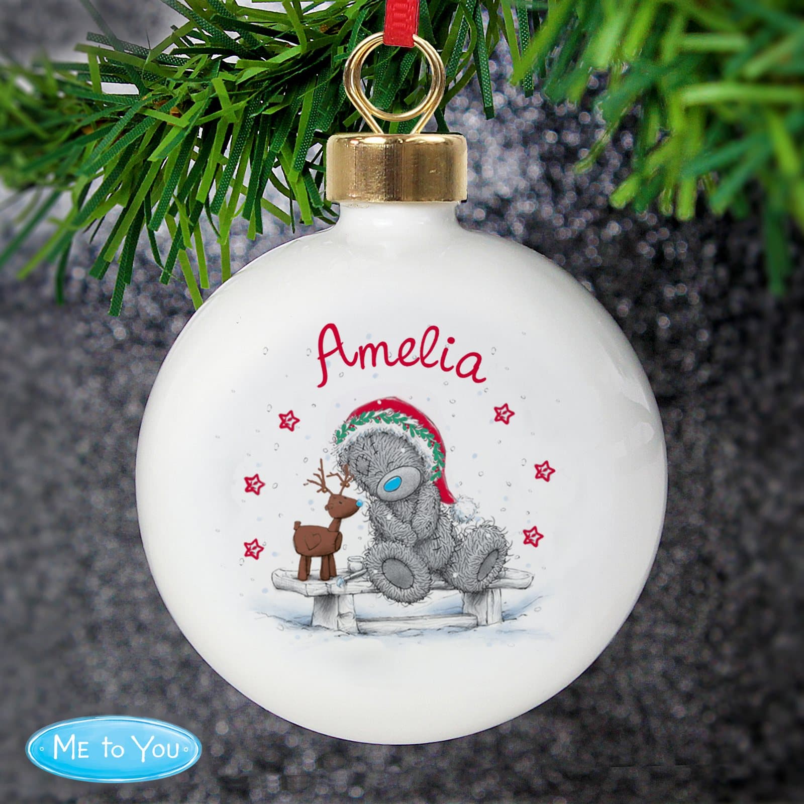 Me To You reindeer Christmas bauble with a ribbon for hanging