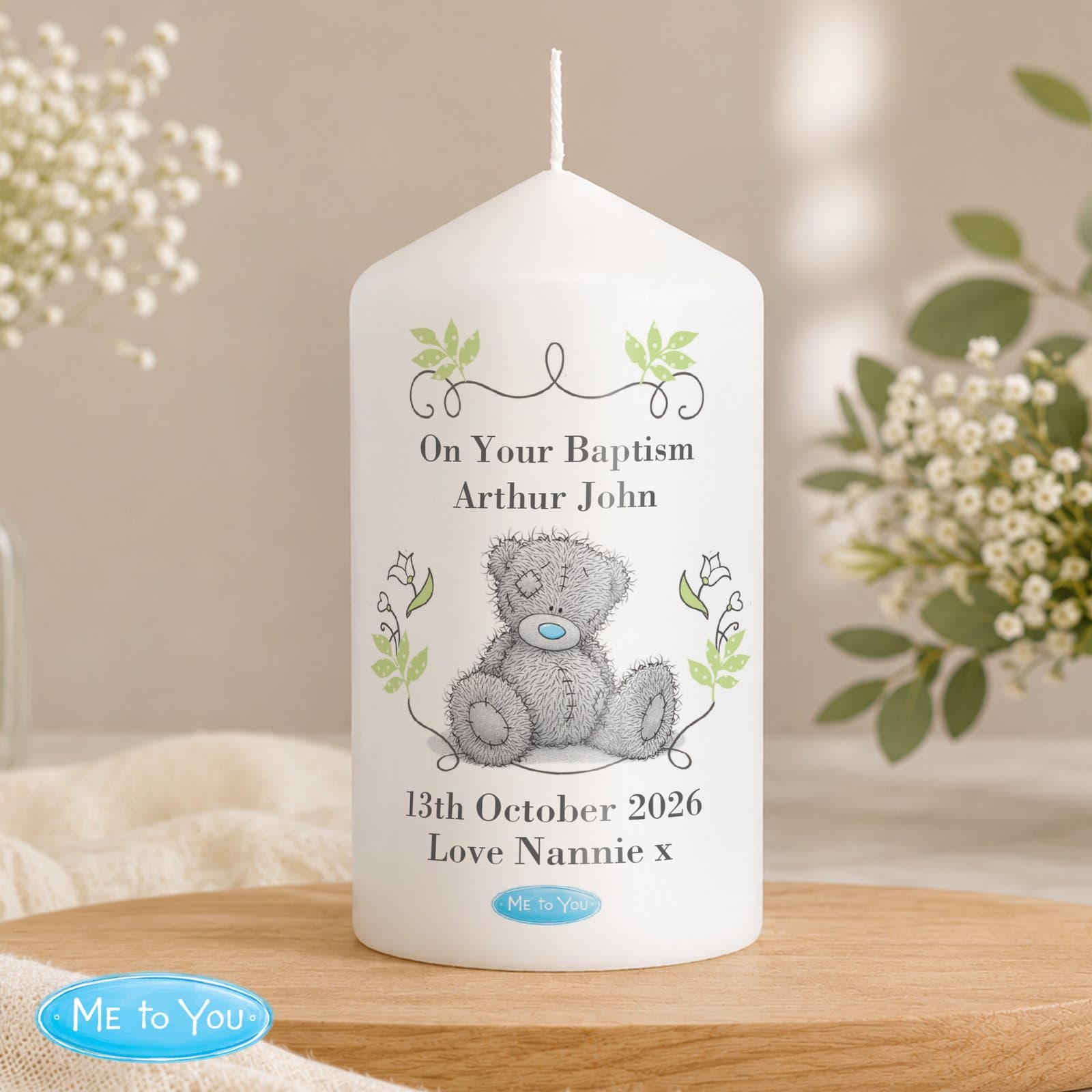 Me to You religious cross pillar candle in an organza bag