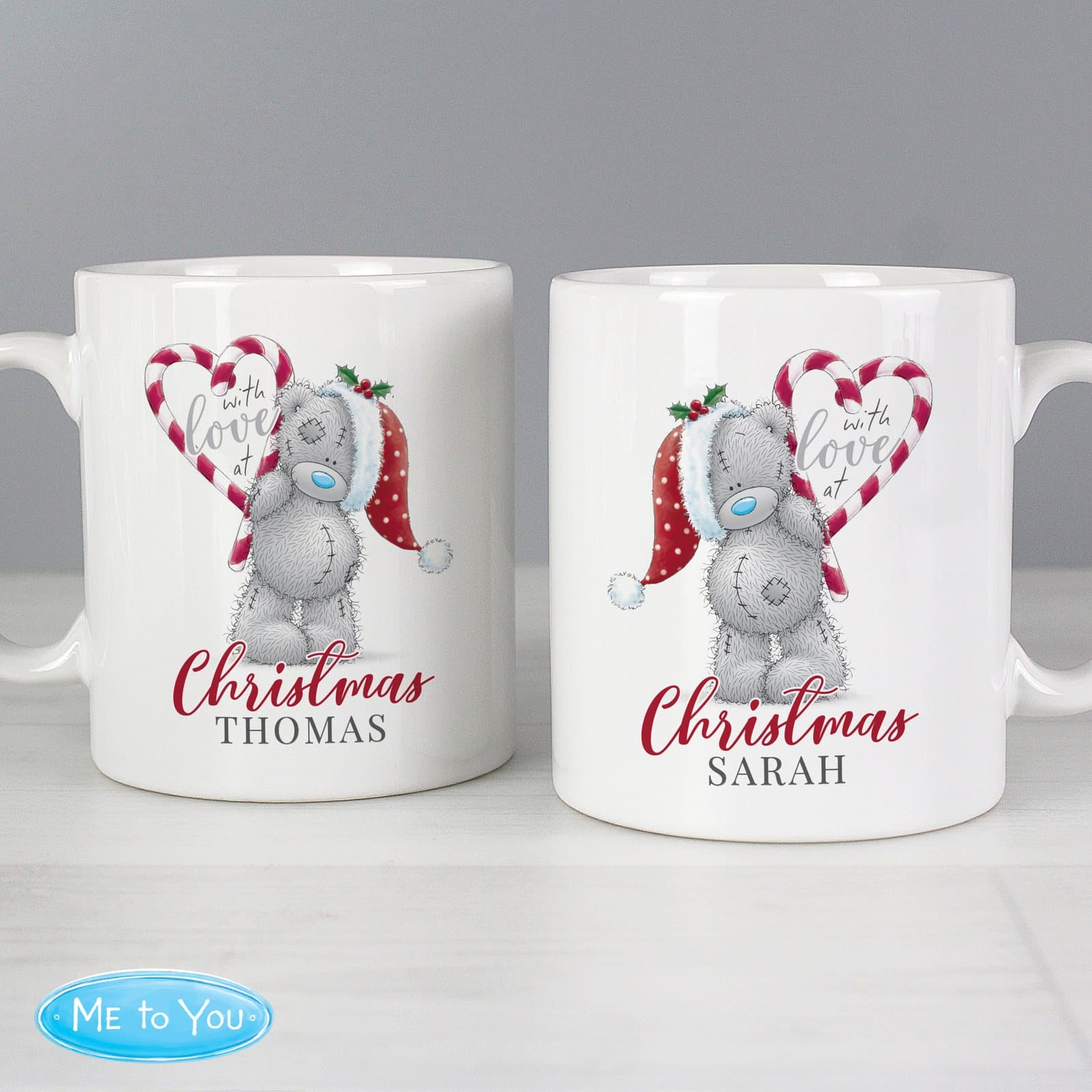 Me To You Bears with heart shaped candy canes on a couples mug set