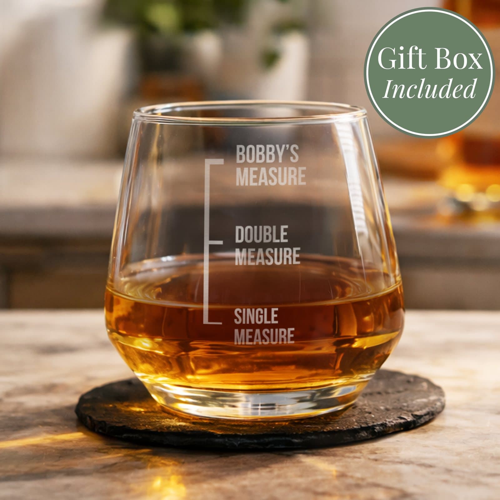 Whisky tumbler with MEASURE wording and a personalised name