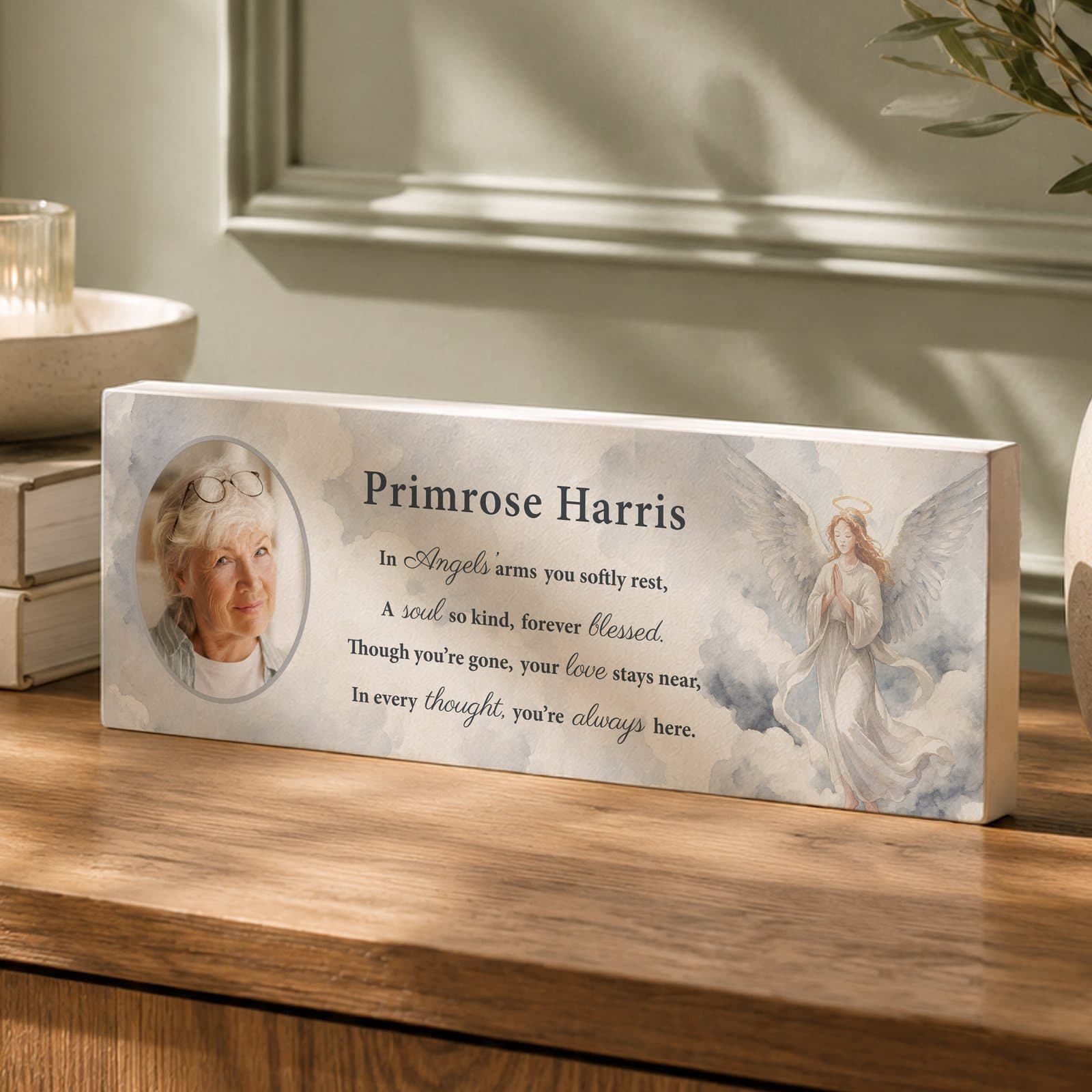 Memorial angel wooden mantle block with a photo, name and date