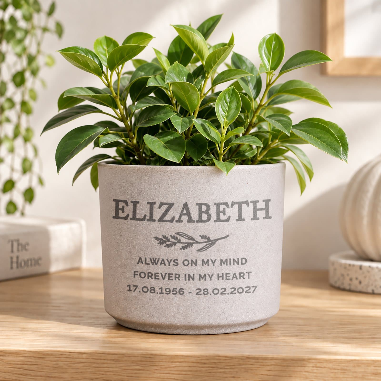 Flecked ceramic memorial plant pot with personalised text