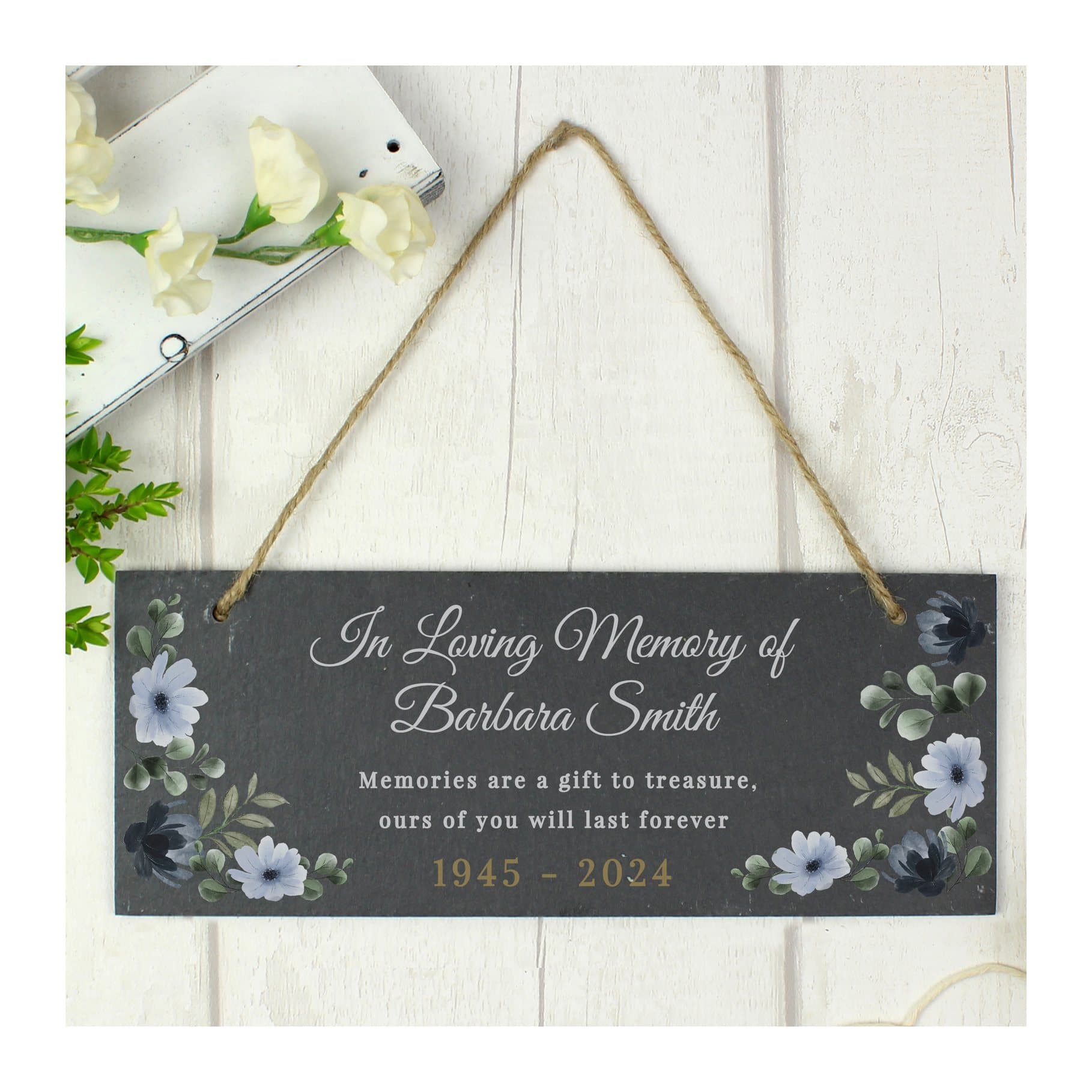 Floral memorial slate hanging ornament with personalised lines and string
